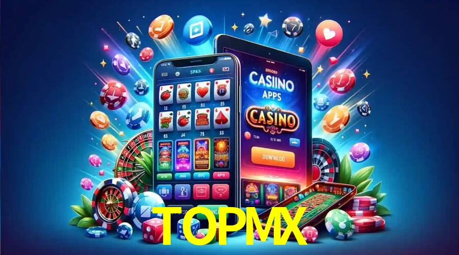 Una escena digital vívida inspirada en casino con TOPMX mostrado prominentemente, luces brillantes, fichas, cartas y acentos dorados.
