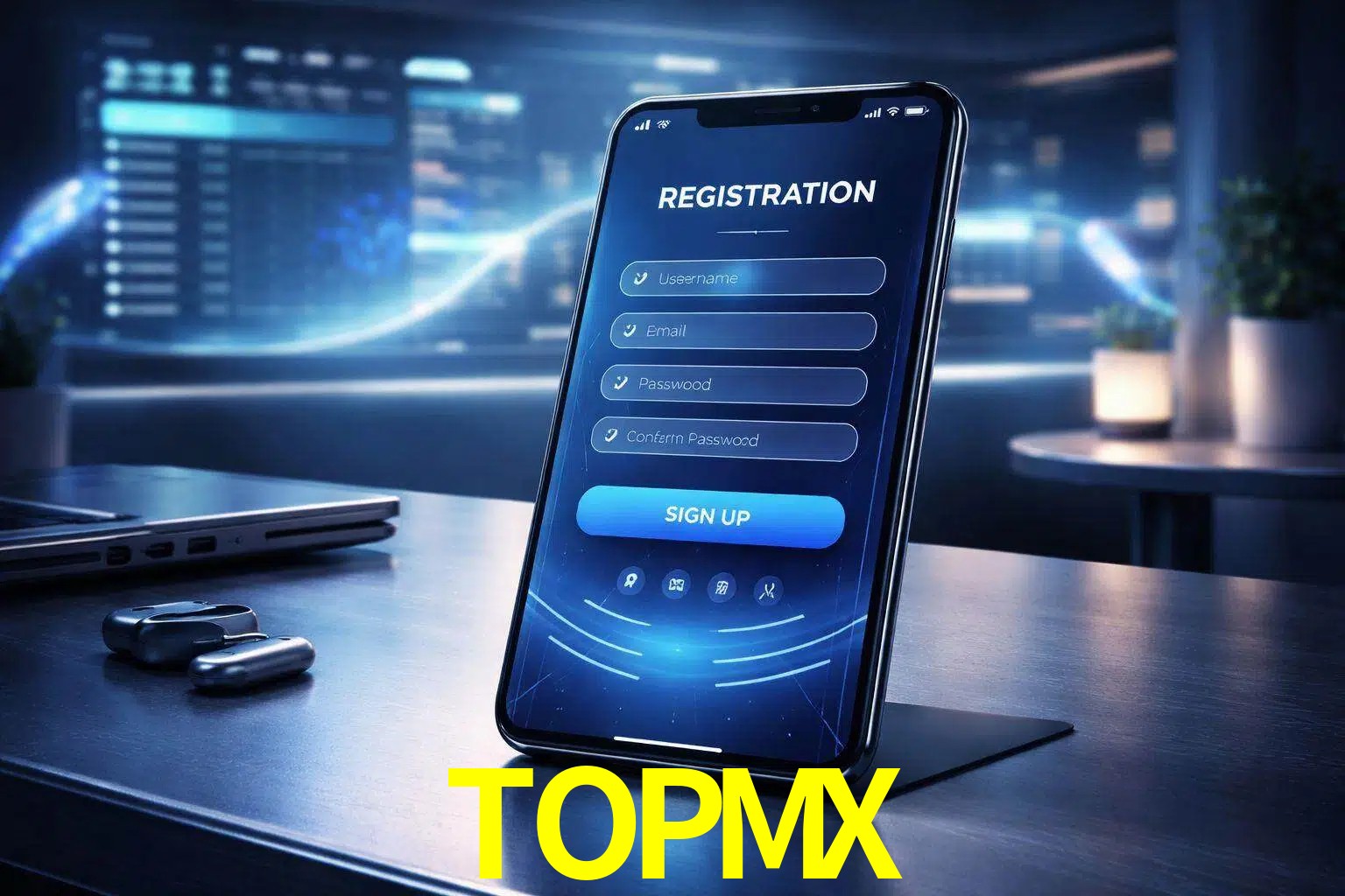 Una interfaz moderna de registro móvil para TOPMX mostrada en un smartphone con un panel de apuestas elegante.